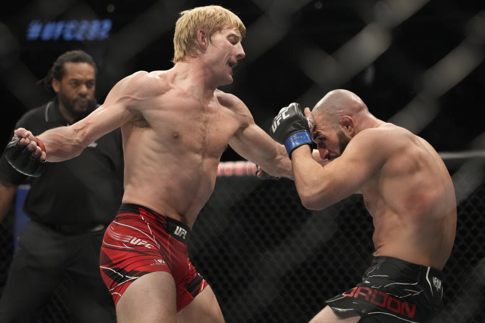 Paddy Pimblett, left, fights Jared Gordon during a UFC 282 mixed martial arts lightweight bout Saturday, Dec. 10, 2022, in Las Vegas. (AP Photo/John Locher)