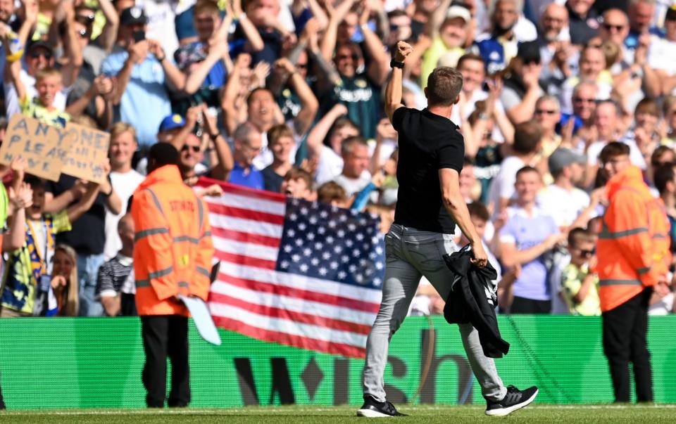 Jesse Marsch, Manager of Leeds United, celebrates with their fans after the final whistle of the Premier League match between Leeds United and Chelsea FC at Elland Road on August 21, 2022 - Leeds’ American investors have clear run at full takeover of the club - Getty Images/Michael Regan