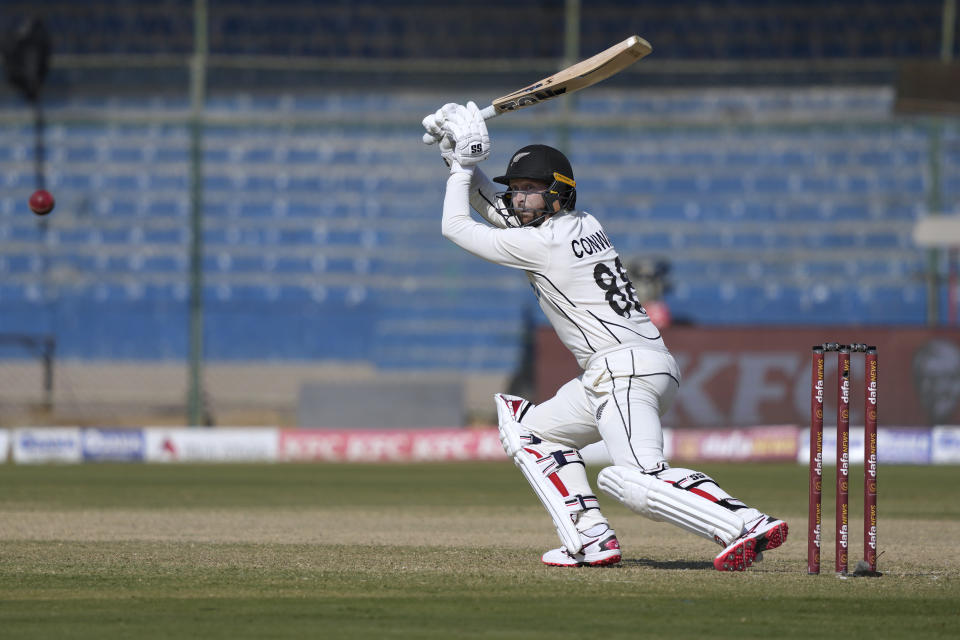 New Zealand's Devon Conway plays a shot during the first day of the second test cricket match between Pakistan and New Zealand, in Karachi, Pakistan, Monday, Jan. 2, 2023. (AP Photo/Fareed Khan)