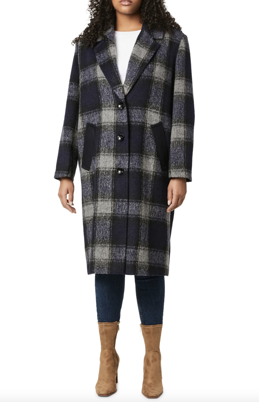 Bernardo Plaid Wool Coat plus size coat in navy and black check print