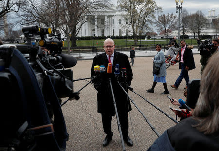 German Economic Minister Peter Altmaier delivers a statement regarding the Trump Administration's steel and aluminum tariffs outside of the White House in Washington, U.S., March 19, 2018. REUTERS/ Leah Millis