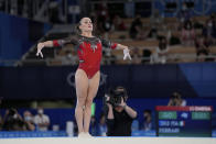 Vanessa Ferrari, of Italy, performs on the floor exercise during the artistic gymnastics women's apparatus final at the 2020 Summer Olympics, Monday, Aug. 2, 2021, in Tokyo, Japan. (AP Photo/Ashley Landis)