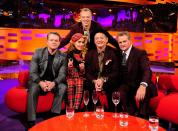 (Left - right) Matt Damon, Paloma Faith, Graham Norton, Bill Murray and Hugh Bonneville during filming of the Graham Norton Show, at the London Studios, in central London, to be aired on BBC One on Friday. (Photo by Ian West/PA Images via Getty Images)