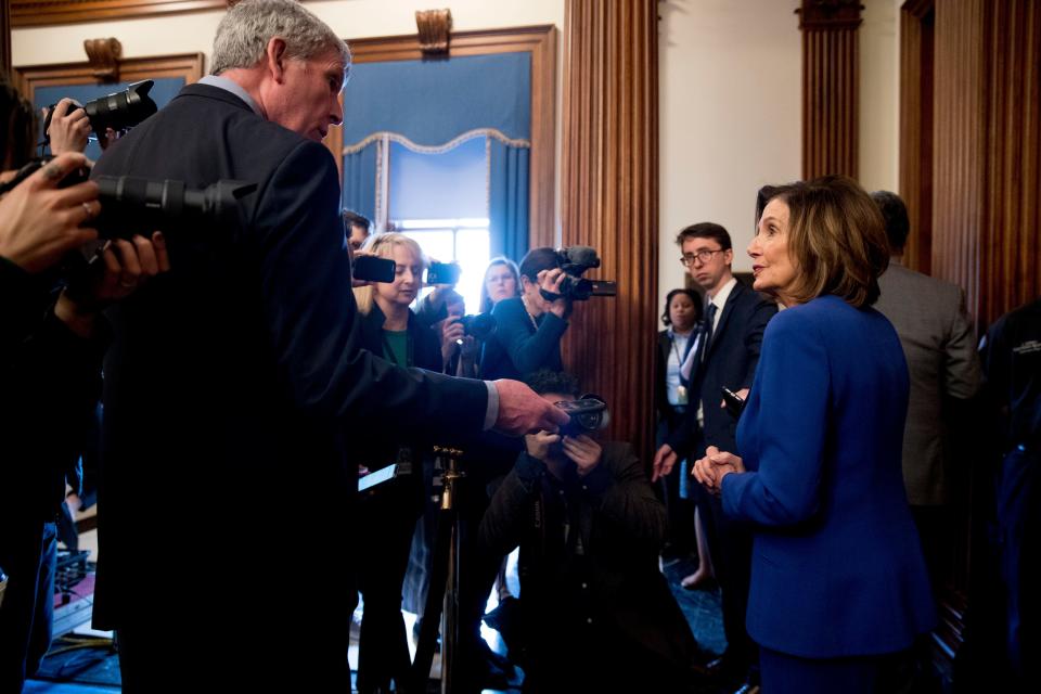 House Speaker Nancy Pelosi discusses the Coronavirus Aid, Relief, and Economic Security (CARES) Act on March 27, 2020.