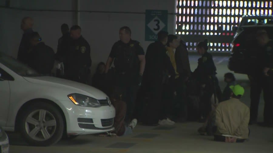 A group of people were detained on the third floor of a parking garage on the campus of UCLA on May 6, 2024. (KTLA)