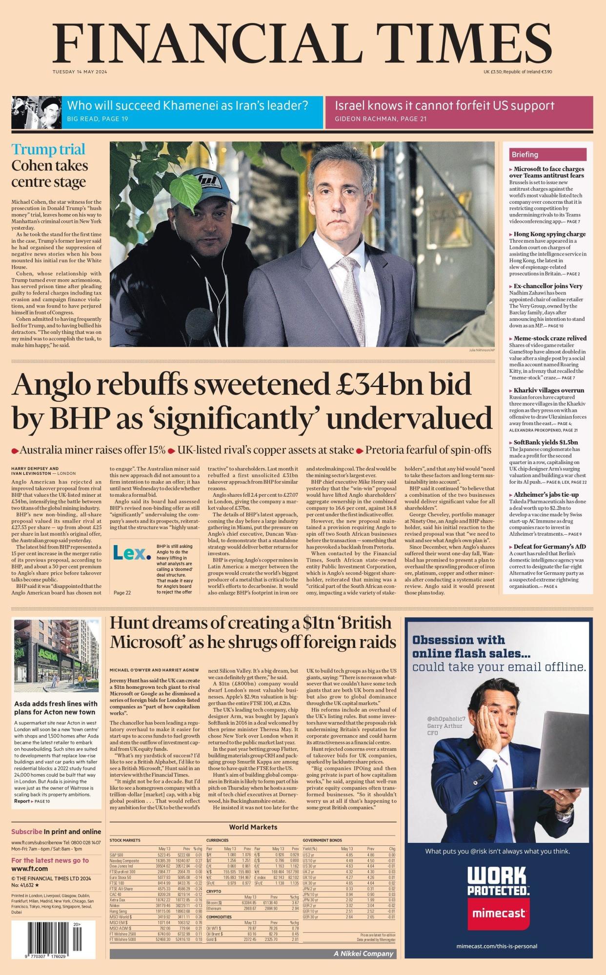 Financial Times front page: Anglo American rejects improved £34bn offer from BHP
