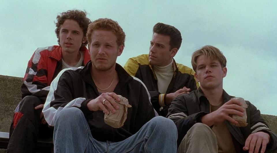 Ben Affleck, Matt Damon, Casey Affleck, and Cole Hauser in "Good Will Hunting" (1997).