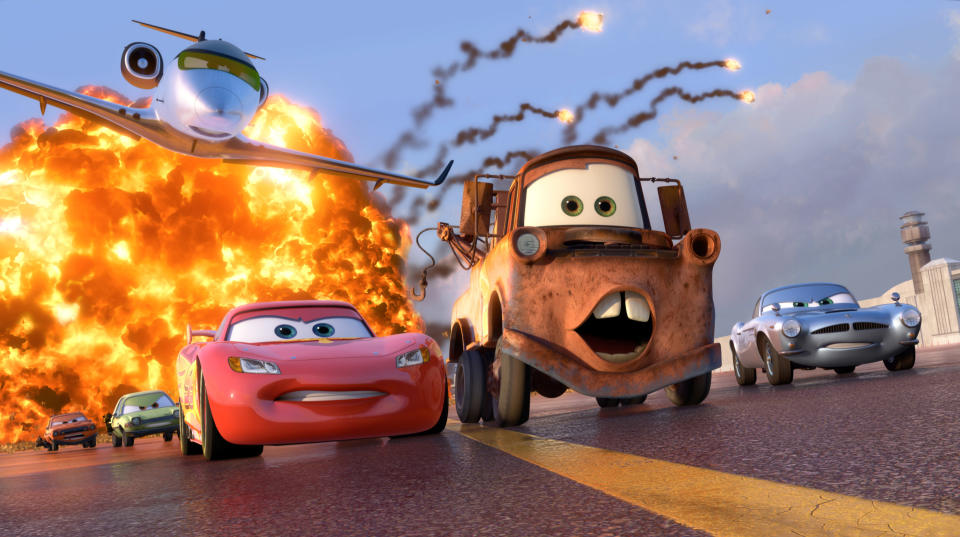 Grem, Acer, and Siddeley chasing Lightning McQueen, Mater, and Finn McMissile