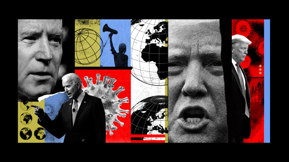 Image: A collage of Joe Biden and Donald Trump with various globes and coronavirus spores. (Woody Harrington / for NBC News)