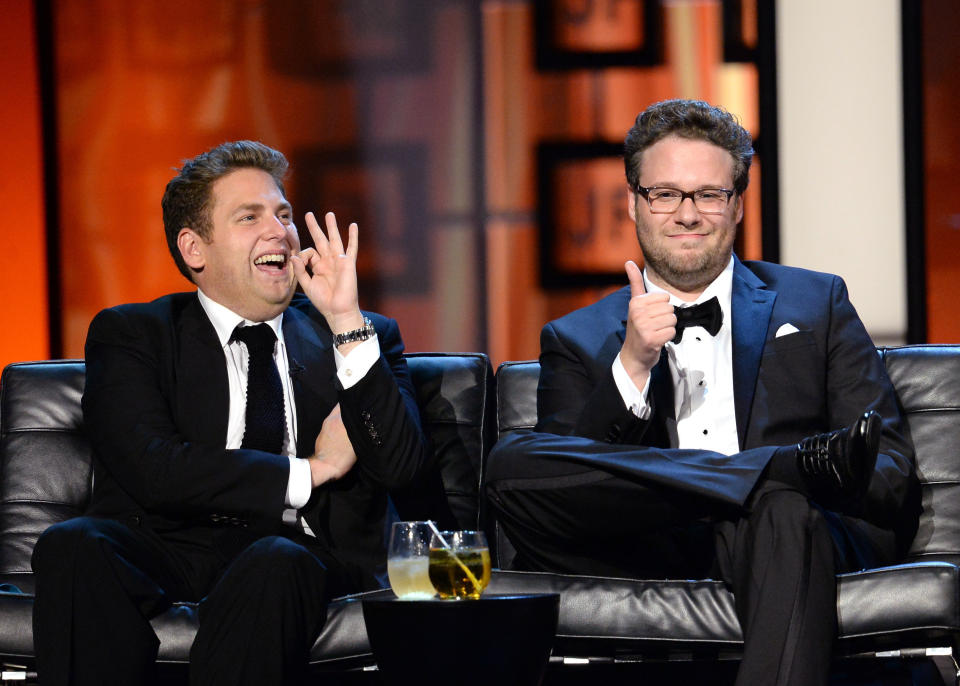 CULVER CITY, CA - AUGUST 25:  Actor Jonah Hill (L) and roast master Seth Rogen onstage during The Comedy Central Roast of James Franco at Culver Studios on August 25, 2013 in Culver City, California. The Comedy Central Roast Of James Franco will air on September 2 at 10:00 p.m. ET/PT.  (Photo by Jason Merritt/Getty Images for Comedy Central)