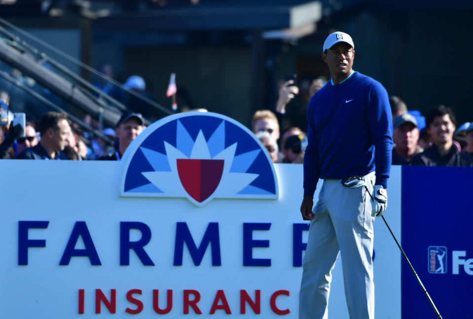 SAN DIEGO, CALIFORNIA - JANUARY 25: Tiger Woods waits to tee off on the first hole during the third round of the Farmers Insurance Open at Torrey Pines South on January 25, 2020 in San Diego, California. (Photo by Donald Miralle/Getty Images)