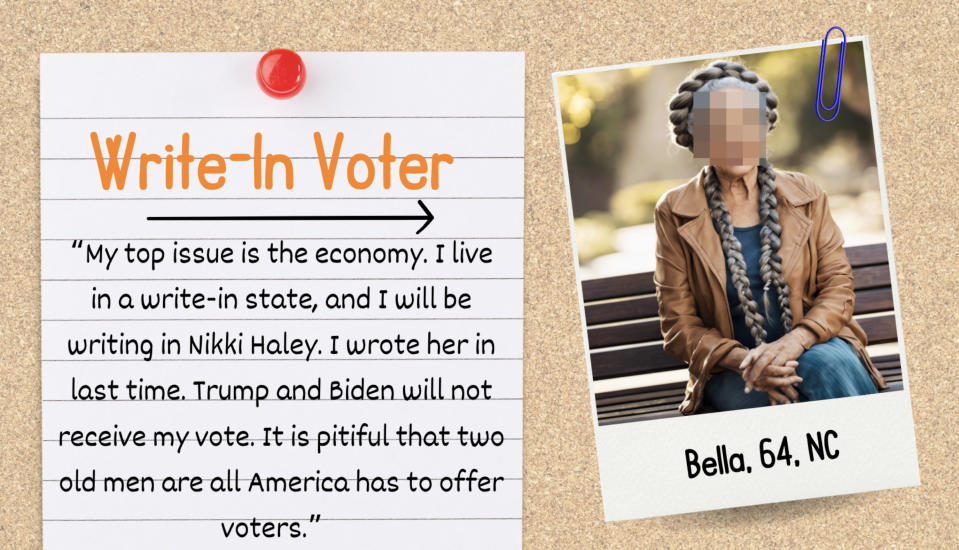 Paper note with quote about voting preference next to a photo of Bella, 64, expressing her stance on write-in voting