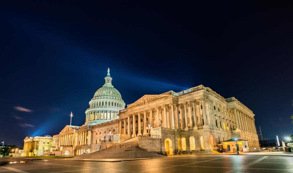 U.S. Capitol building at night.