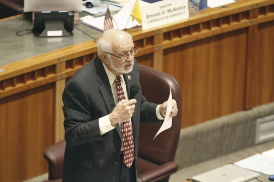 New Mexico state Sen. Gerald Ortiz y Pino of Albuquerque debates a bill on Tuesday, March 14, 2023, in Santa Fe, N.M. The Legislature had until noon on Saturday to send bills to the governor. (AP Photo/Morgan Lee)