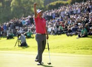 Adam Scott, of Australia, reacts after finishing the Genesis Invitational golf tournament at Riviera Country Club, Sunday, Feb. 16, 2020, in the Pacific Palisades area of Los Angeles. Scott won the tourney.(AP Photo/Ryan Kang)