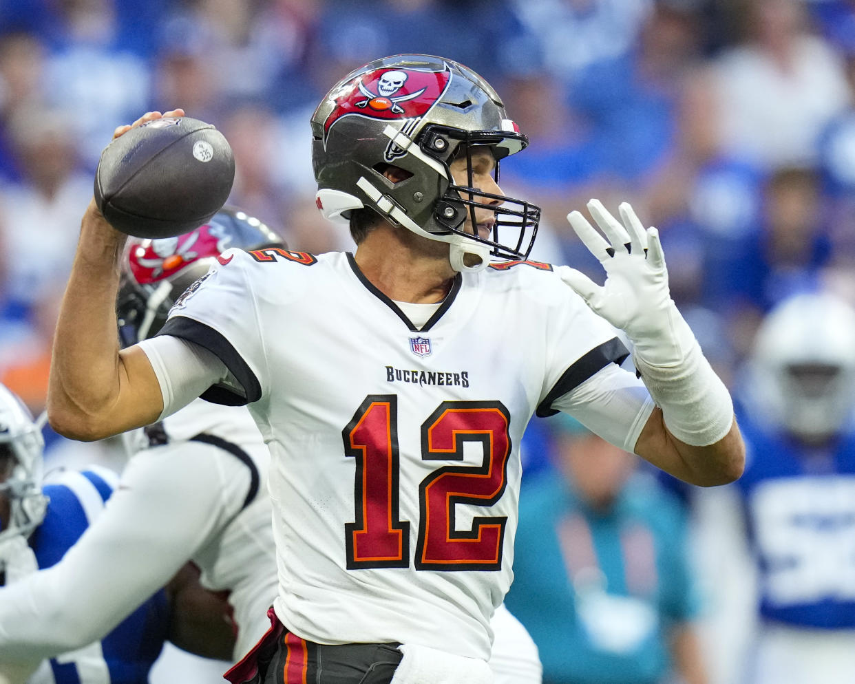 Tampa Bay Buccaneers quarterback Tom Brady (12) throws against the Indianapolis Colts on Saturday. (AP Photo/AJ Mast)