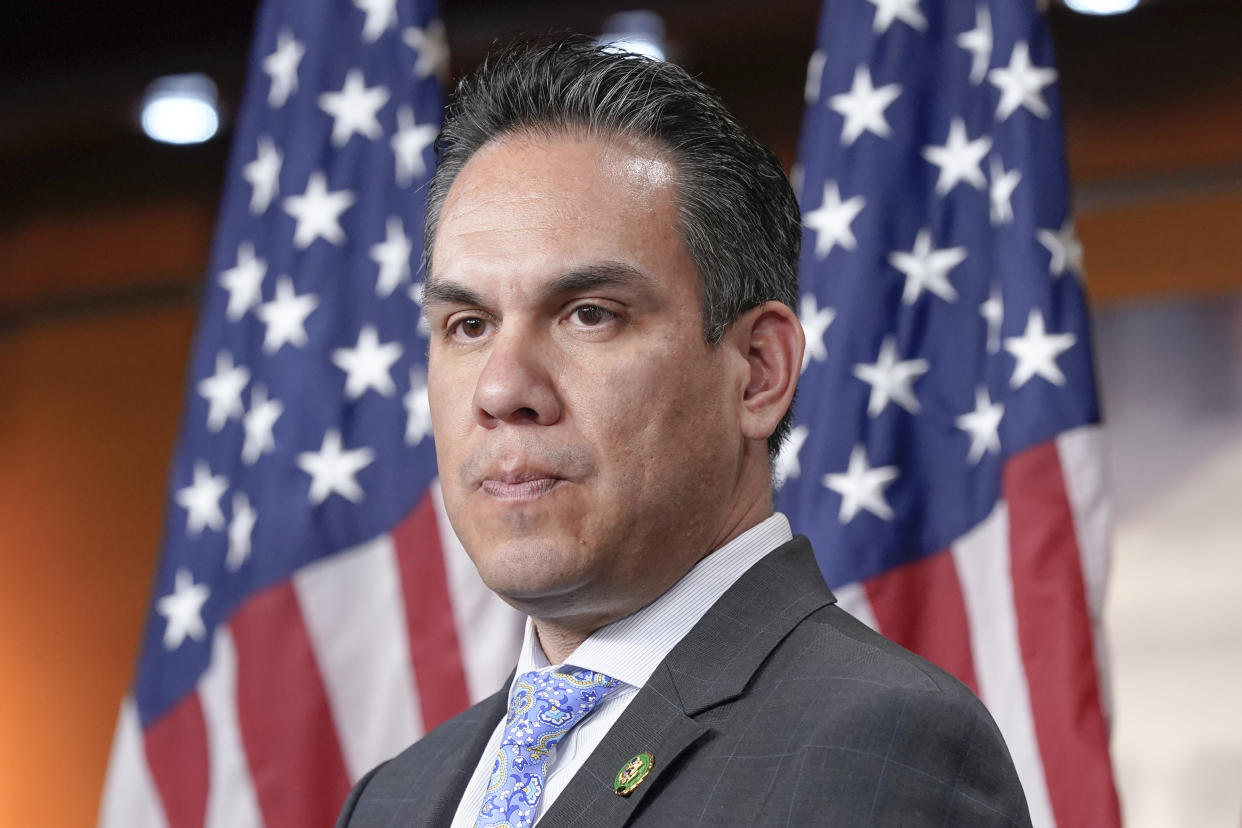 Rep. Pete Aguilar, D-Calif., listens during a news conference Wednesday, May 24, 2023, on Capitol Hill in Washington. (AP Photo/Mariam Zuhaib)