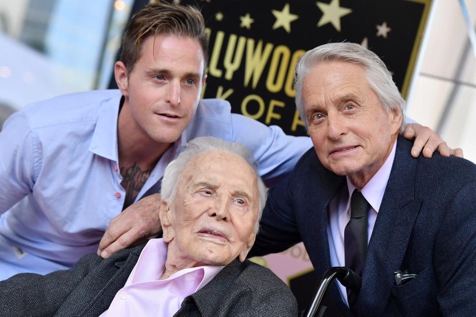 Cameron Douglas, Kirk Douglas and Michael Douglas attend the ceremony honoring Michael Douglas with star on the Hollywood Walk of Fame on November 06, 2018 in Hollywood, California.