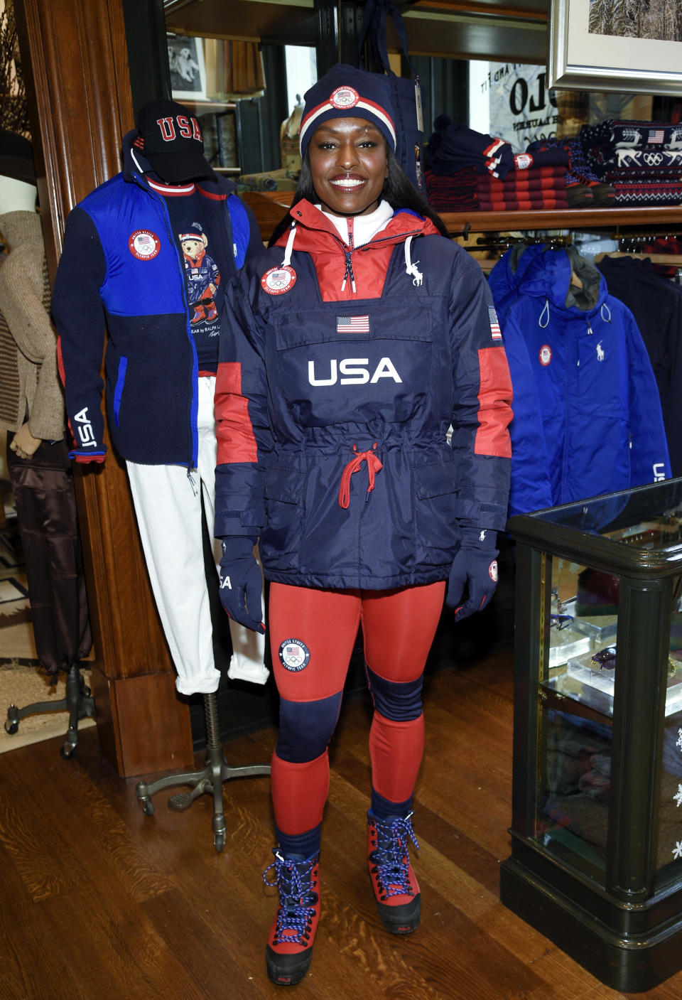 Bobsledder Aja Evans models the Team USA Beijing winter Olympics opening ceremony uniforms designed by Ralph Lauren on Wednesday, Jan. 19, 2022, in New York. (Photo by Evan Agostini/Invision/AP)