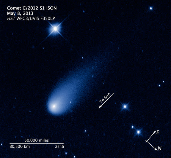 The Hubble Space Telescope captured this view of Comet ISON, C/2012 S1 (ISON), on May 8, 2013 as it streaked between the orbits of Jupiter and Mars at 48,000 mph. This annotated view shows the comet's scale and direction of motion.