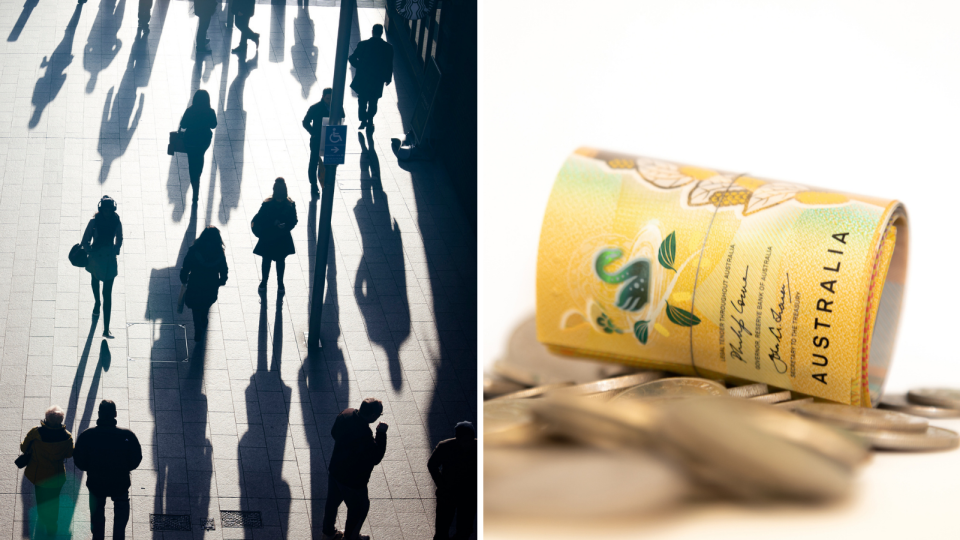 Aerial view of pedestrians walking in Australia, image of rolled up $50 notes and coins.