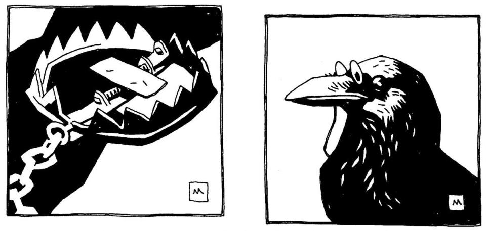 Pinocchio Illuminated Edition black and white spot illustrations showing a trap and a bird by Mike Mignola