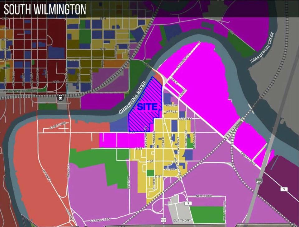 The proposed Southbridge warehouse location on over top Wilmington's zoning map along the Christina River. (Photo provided by Diamond Port Property LLC)