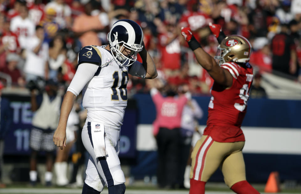 Los Angeles Rams quarterback Jared Goff (16) walks off the field at then end of a 20-7 loss to the San Francisco 49ers during an NFL football game Sunday, Oct. 13, 2019, in Los Angeles. (AP Photo/Alex Gallardo)