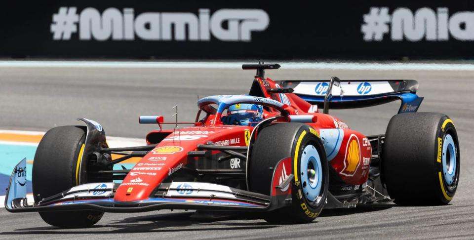 Scuderia Ferrari driver Charles Leclerc of Monaco takes Turn 1 during a Sprint race on the second day of the Formula One Miami Grand Prix at the Miami International Autodrome on Saturday, May 4, 2024, in Miami Gardens, Fla.