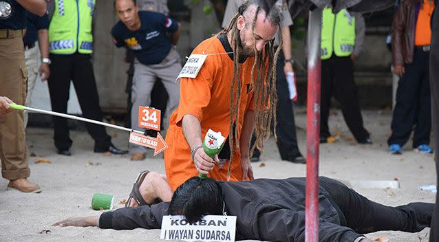 Sarah Connor and her British boyfriend re-enacted the night they are accused of killing a Bali police officer on Kuta beach. Photo: AAP Images.