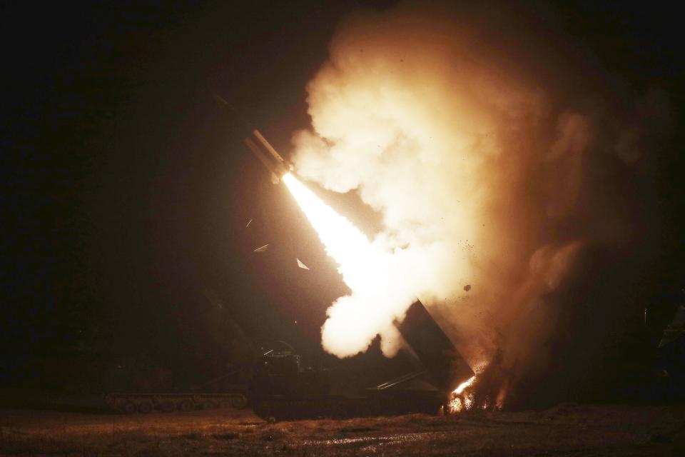 an Army Tactical Missile System or ATACMS, missile is fired during a joint military drill between U.S. and South Korea at an undisclosed location in South Korea, Wednesday, Oct. 5, 2022.