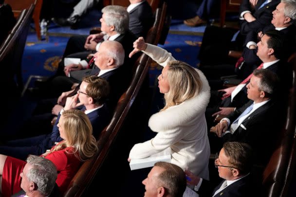 PHOTO: Rep. Marjorie Taylor Greene, R-Ga., reacts as President Joe Biden delivers the State of the Union address to a joint session of Congress at the U.S. Capitol, Tuesday, Feb. 7, 2023, in Washington. (Patrick Semansky/AP)