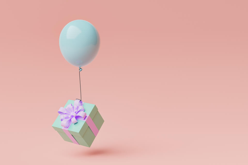 gift box with a balloon floating in the air and space for text. concept for celebrations, birthdays and holidays. 3d render