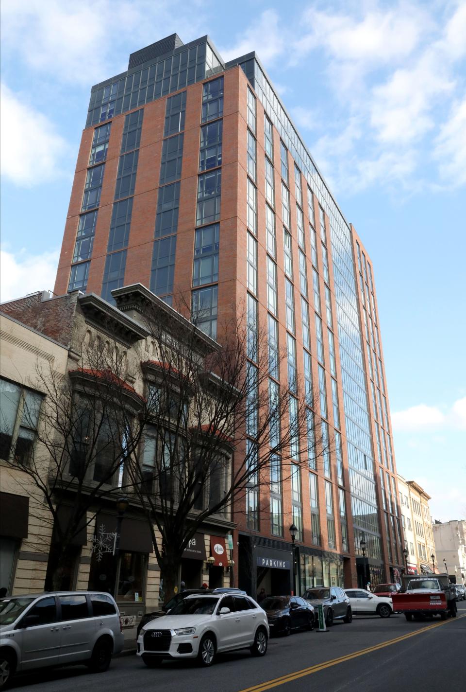 The exterior of the Sawyer Place apartments at 45 Main Street in Yonkers, photographed Jan. 11, 2024.