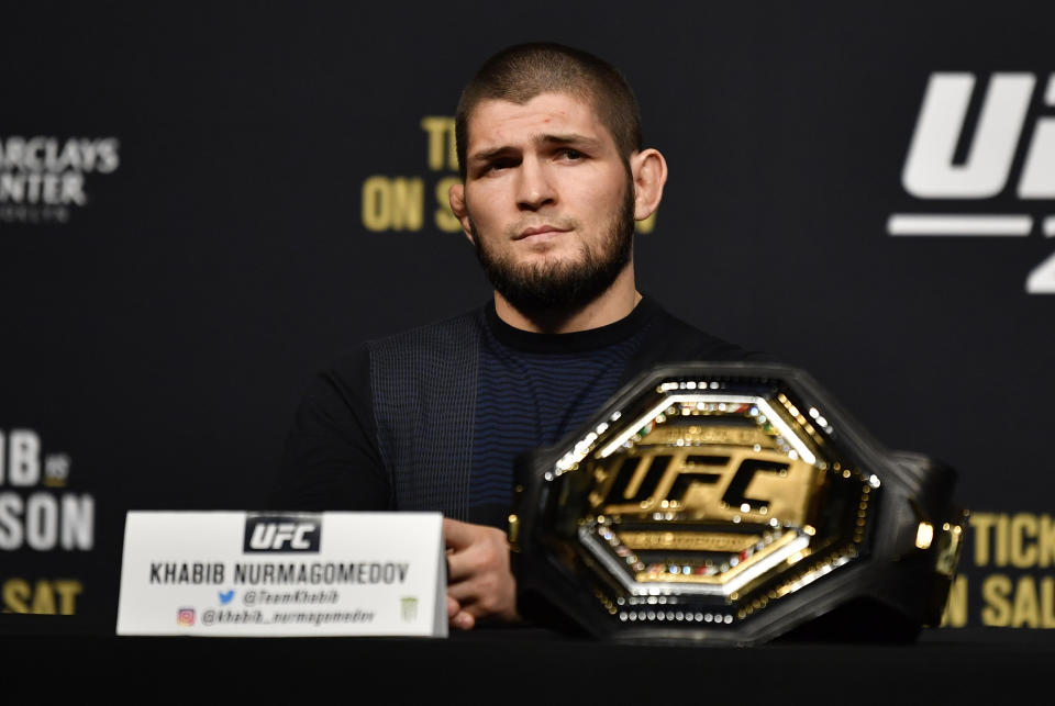 LAS VEGAS, NEVADA - MARCH 06: Khabib Nurmagomedov interacts with media during the UFC 249 press conference at T-Mobile Arena on March 06, 2020 in Las Vegas, Nevada. (Photo by Jeff Bottari/Zuffa LLC)