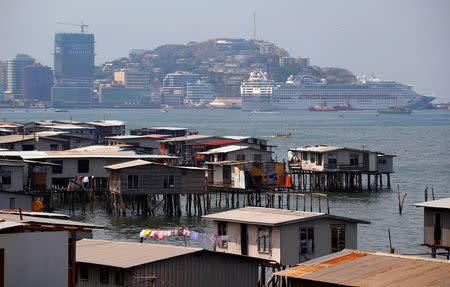 A large cruise ship is docked opposite the stilt house village called Hanuabada, located in Port Moresby Harbour, Papua New Guinea, November 19, 2018. REUTERS/David Gray