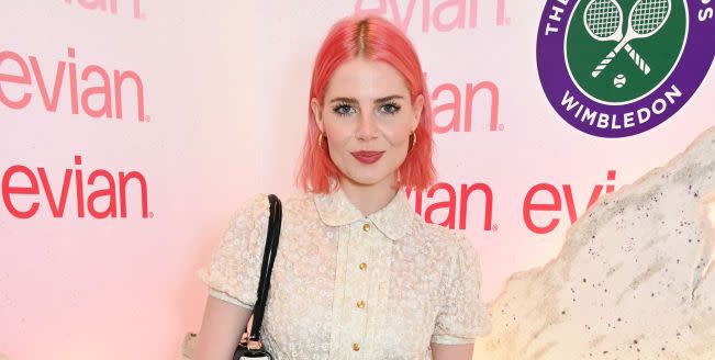 london, england july 01 lucy boynton poses in the evian mountain of youth vip suite during day 1 of wimbledon 2024 on july 1, 2024 in london, england photo by dave benettgetty images for evian
