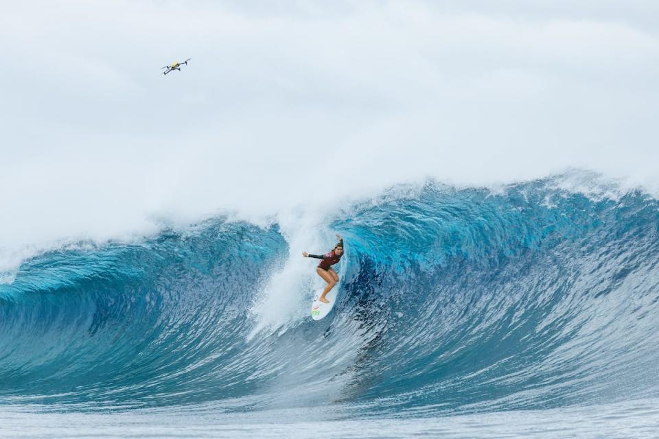 Caroline Marks of the United States surfs in Heat 2 of the Quarterfinals at the SHISEIDO Tahiti Pro on Aug. 16, 2023 at Teahupoʻo, Tahiti, French Polynesia.