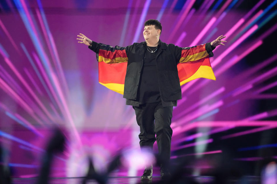 ISAAK of Germany poses during the flag parade, ofthe the Grand Final of the Eurovision Song Contest in Malmo, Sweden, Saturday, May 11, 2024. (AP Photo/Martin Meissner)