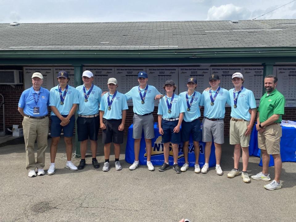 Section V with their silver medals after finishing at the runner-up at the NYSPHSAA Boys Golf Championships. They shot a low team score 531 to finished 16 strokes behind winner Section VIII in Elmira: Victor's Jack Berl,  Brody Burgess and Carson French, Pittsford Sutherland's Owen Corby, Hilton's Tyler Stark, Pittsford Mendon's Matt Carpentier, Fairport's Connor Kiel, Churchville-Chili's Jason Starkweather. Not pictured: Waterloo's John Siblosky.