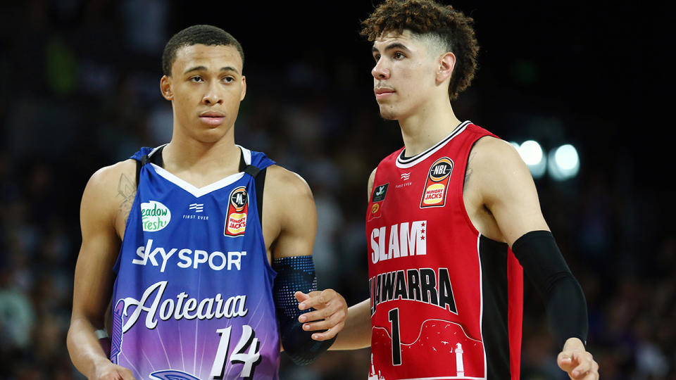 RJ Hampton and LaMelo Ball, pictured here in action in the NBL.