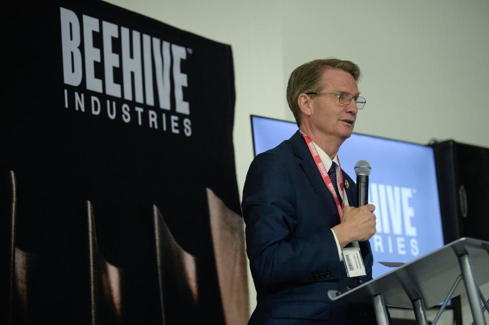 U.S. Rep. Tim Burchett speaks ahead of the ribbon-cutting ceremony for Beehive Industries' new 60,000-square-foot facility in Knoxville on May 3.
