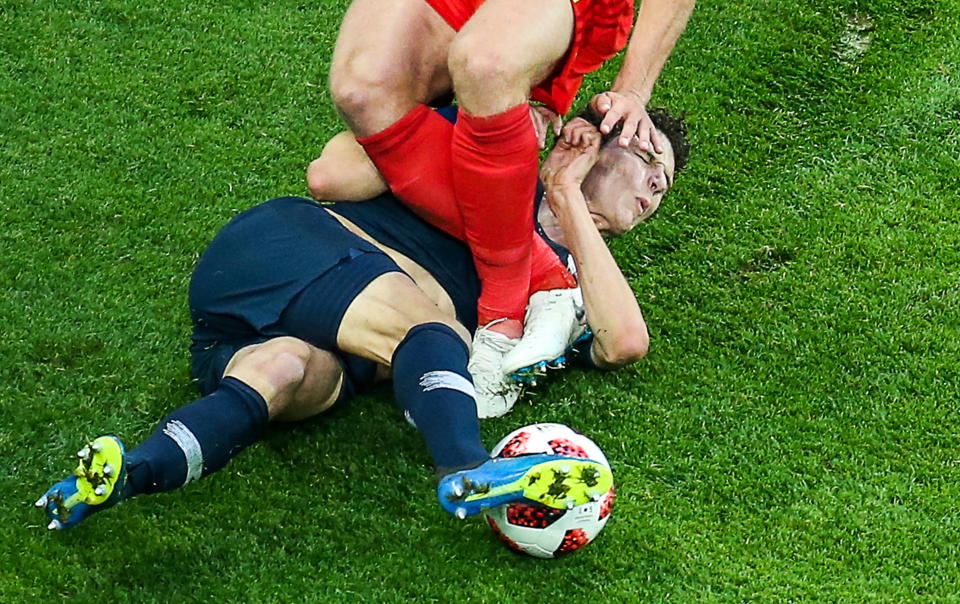 <p>France’s Benjamin Pavard in the 2018 FIFA World Cup Semi-final match between France and Belgium at Saint Petersburg Stadium. Peter Kovalev/TASS (Photo by Peter Kovalev\TASS via Getty Images) </p>