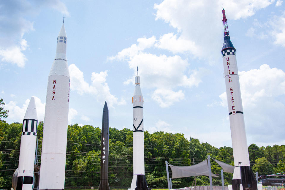 The U.S. Space & Rocket Center's Rocket Park includes (left to right) Jupiter, Juno II, Redstone, Jupiter-C and Mercury-Redstone rockets, stepping up to the Saturn moon boosters.