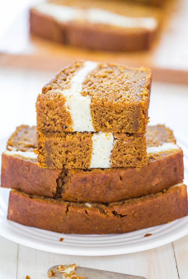 <strong>Get the <a href="http://www.averiecooks.com/2014/08/cream-cheese-filled-pumpkin-bread.html" target="_blank">Cream-Cheese Filled Pumpkin Bread recipe</a> from Averie Cooks</strong>