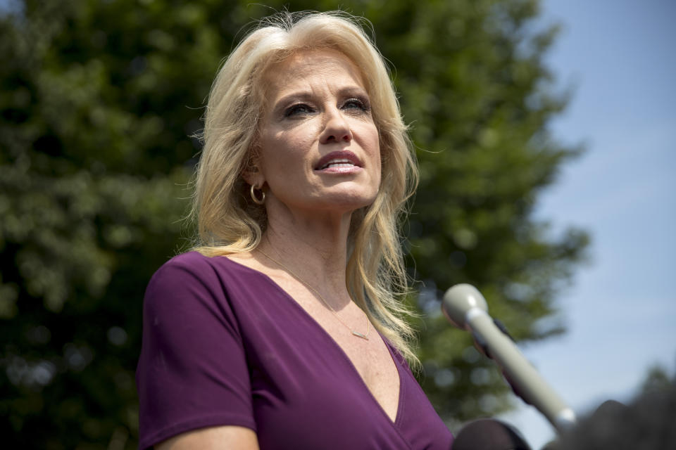 Counselor to the President Kellyanne Conway speaks to members of the media outside of the West Wing on the North Lawn of the White House in Washington, Wednesday, Aug. 7, 2019. (AP Photo/Andrew Harnik)