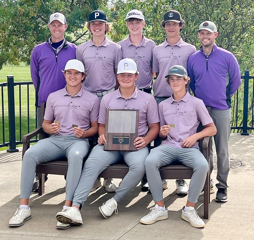 Watertown High School's boys golf team successfully defended its title Saturday in the Eastern South Dakota Conference boys golf tournament at the Hillsview Golf Course in Pierre. The Arrows shot a 1-under 287 and won by one shot over Harrisburg. Team members include, from left in front, Jake Olson, Kaden Rylance and Ty Lenards; and back, assistant coach Ryan Neale, Gabe Norberg, Curtis Sneden, Jaden Solheim and head coach Corey Neale. Olson, a junior, won the individual title for the third time.