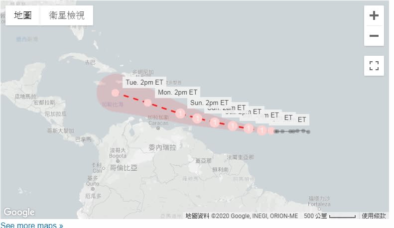 風暴貢扎洛在加勒比海的路徑走勢圖。   圖 : 翻攝自google ma
