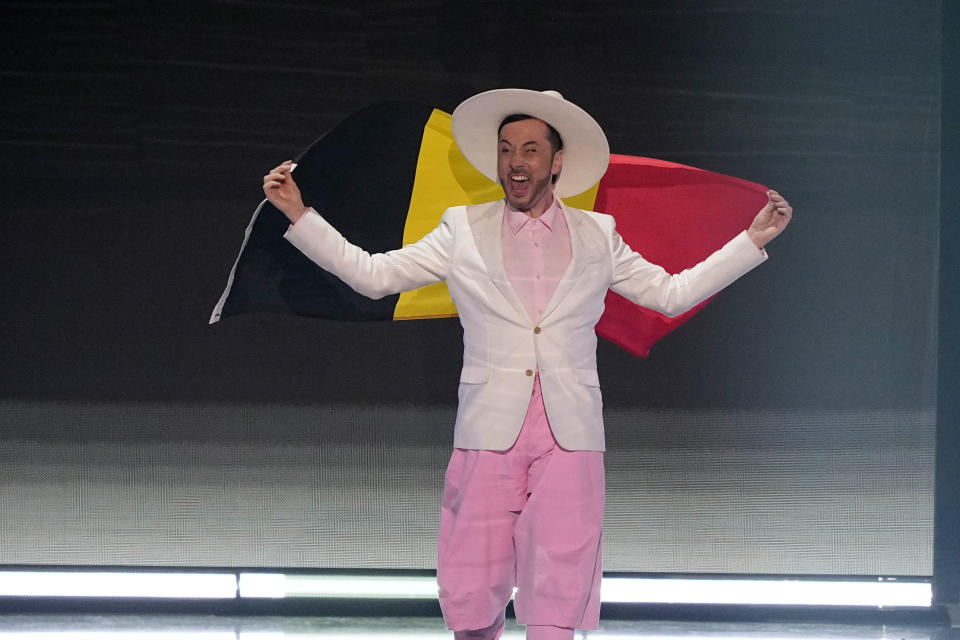 Gustaph of Belgium during the flag ceremony before during the Grand Final of the Eurovision Song Contest in Liverpool, England, Saturday, May 13, 2023. (AP Photo/Martin Meissner)