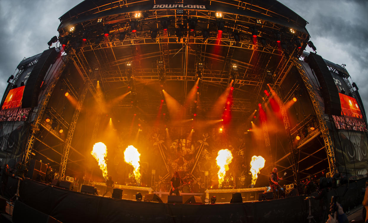 CASTLE DONINGTON, ENGLAND - JUNE 16:  Tom Araya, Kerry King and Gary Holt of Slayer perform on stage on day 3 of Download Festival 2019 at Donington Park on June 16, 2019 in Castle Donington, England.  (Photo by Katja Ogrin/Redferns)